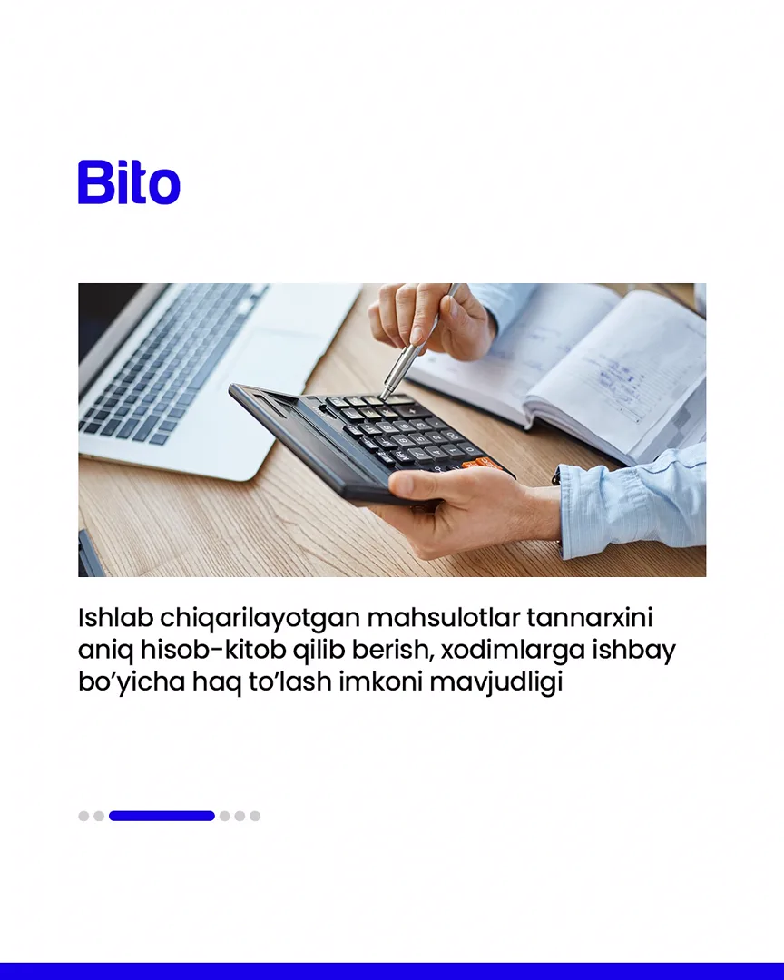 🏭 Ishlab chiqaruvchilar uchun aniq yechimlar.

💻 Barcha jarayonlar bir dasturda mujassam.

📈 Bito - Biz bilan biznesingizni… (4/7)