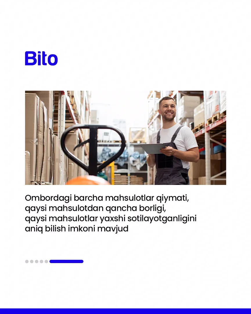 🏭 Ishlab chiqaruvchilar uchun aniq yechimlar.

💻 Barcha jarayonlar bir dasturda mujassam.

📈 Bito - Biz bilan biznesingizni… (7/7)