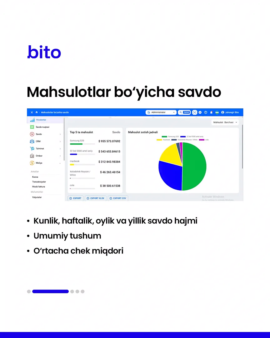 💸 Savdo hisobotlari Bito ERP bilan yanada oson

💻 Barcha hisobotlar aniq raqamlarda

📈  Bito - Biz bilan biznesingizni… (3/6)