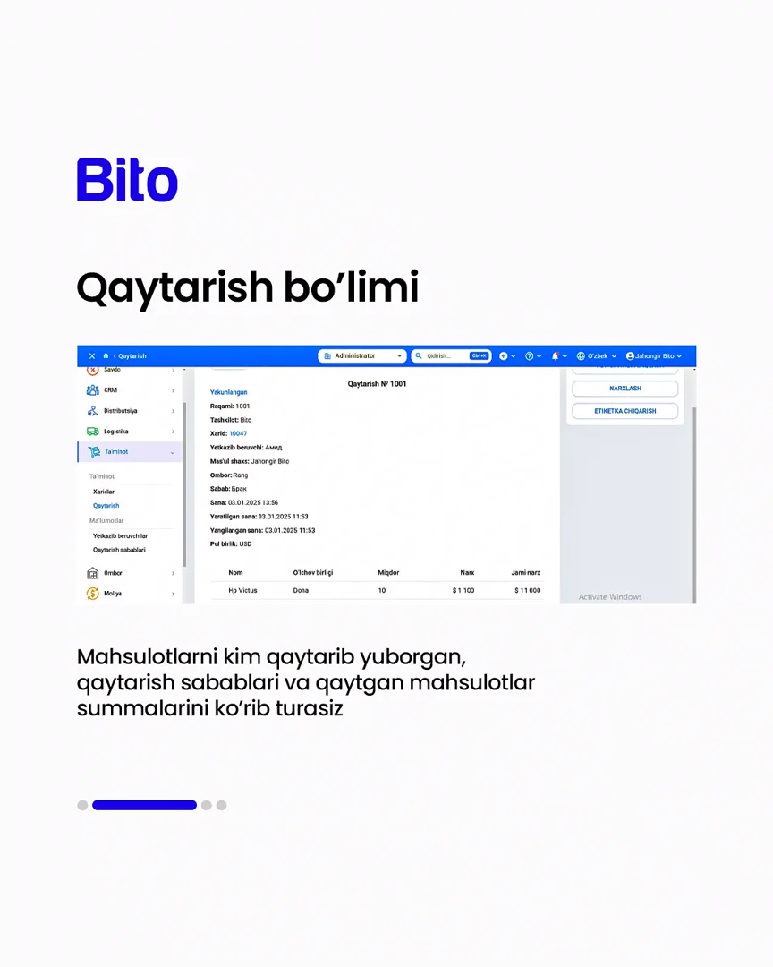 🚚 Ta’minot bo’limingizni to’liq avtomatlashtiring

💻 Xarajatlaringizni online nazorat qiling

📈 Bito - Biz bilan biznesingizni… (3/5)