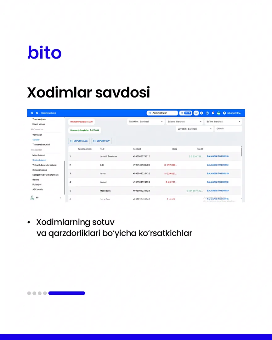 💸 Savdo hisobotlari Bito ERP bilan yanada oson

💻 Barcha hisobotlar aniq raqamlarda

📈  Bito - Biz bilan biznesingizni… (6/6)