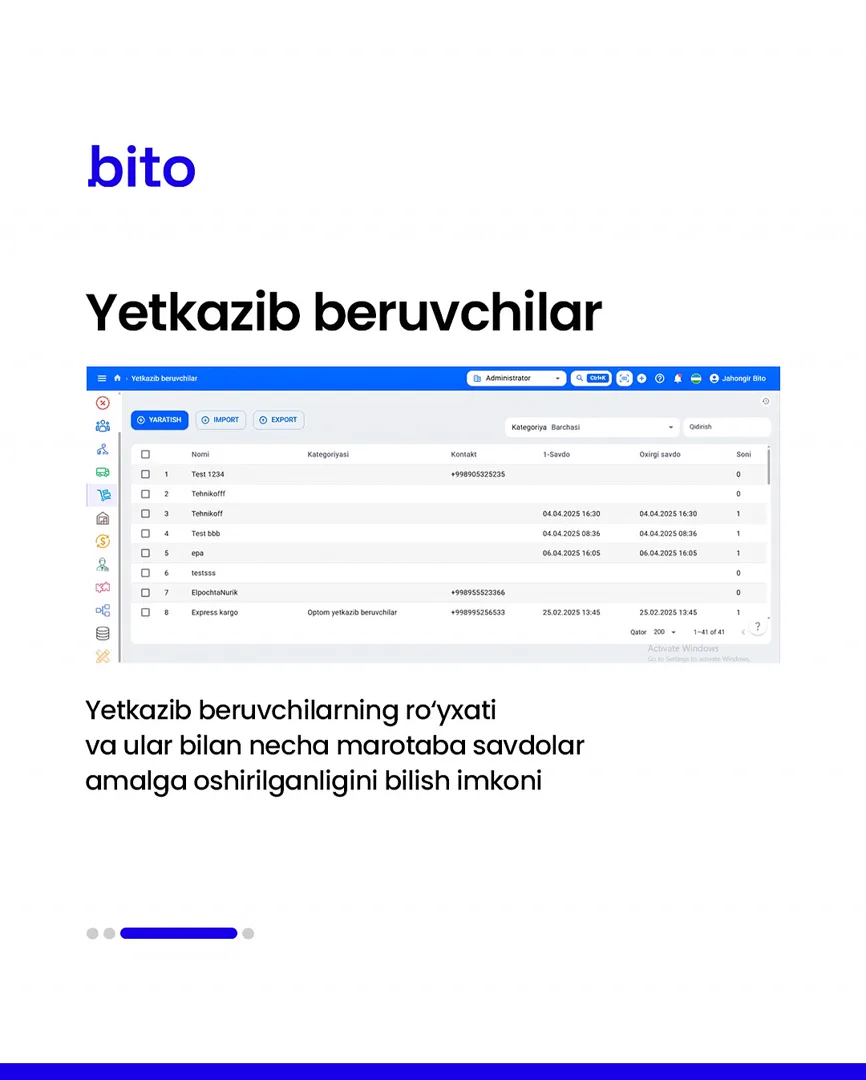 🏭 Ta’minotchilar bilan bo’lgan barcha hisob-kitoblarni online nazorat qiling

📈  Bito - Biz bilan biznesingizni avtomatlashtiring!… (4/5)