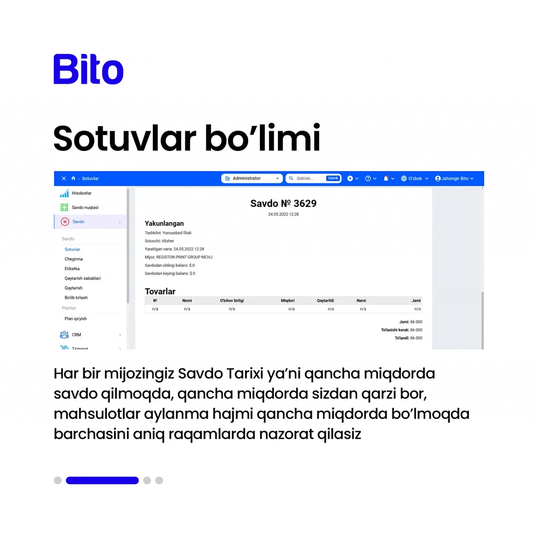 💰 Sotuv bo’limingizni to’liq nazorat qiling!

⭐️ Savdo planlari, chegirmalar, mahsulotlarni qaytarish sabablari barchasini online nazorat… (3/5)