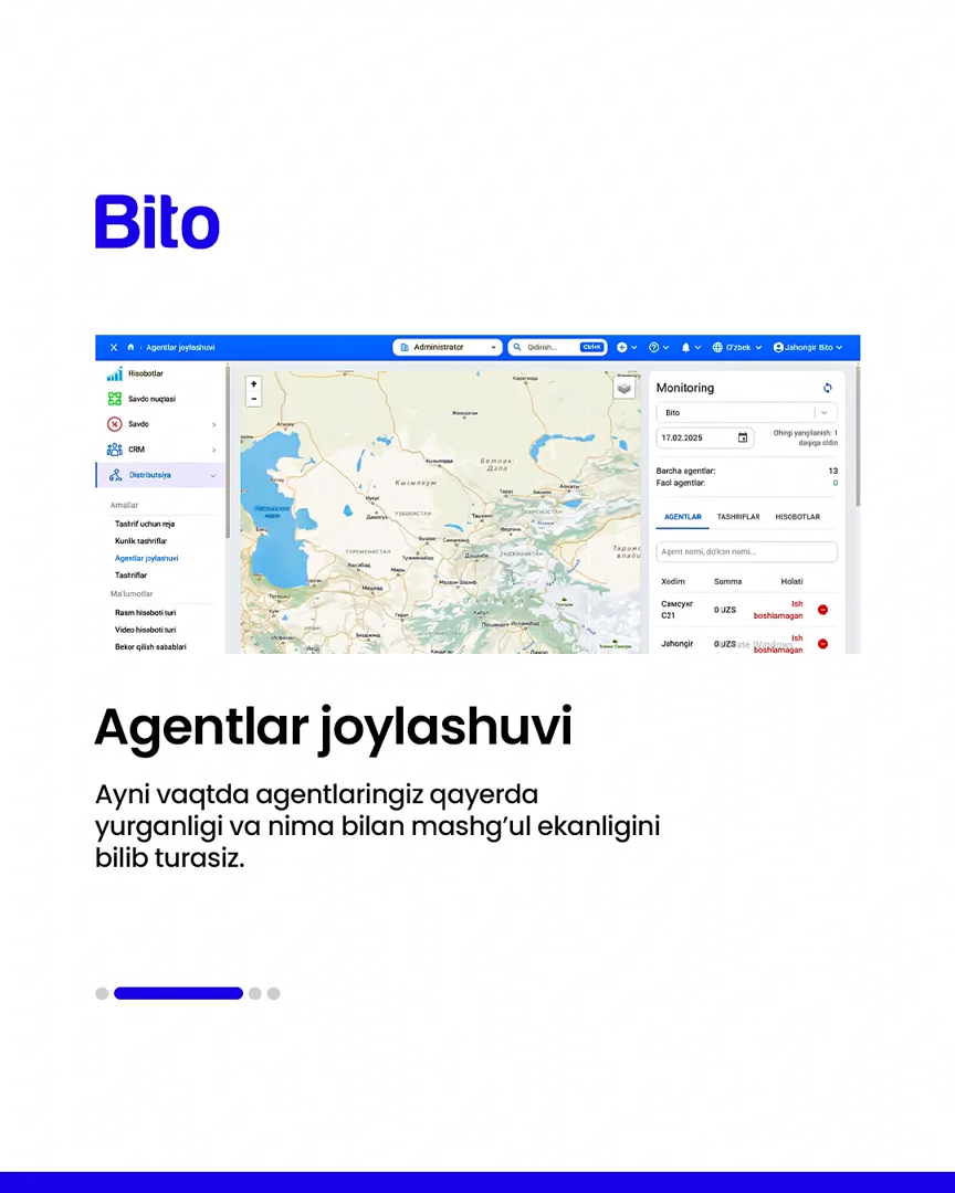 🚚 Distribyutorlar uchun eng munosib dastur.

💻 Barcha jarayonlarni yagona dasturda nazorat qiling.

📈 Bito - Biz bilan biznesingizni… (3/5)