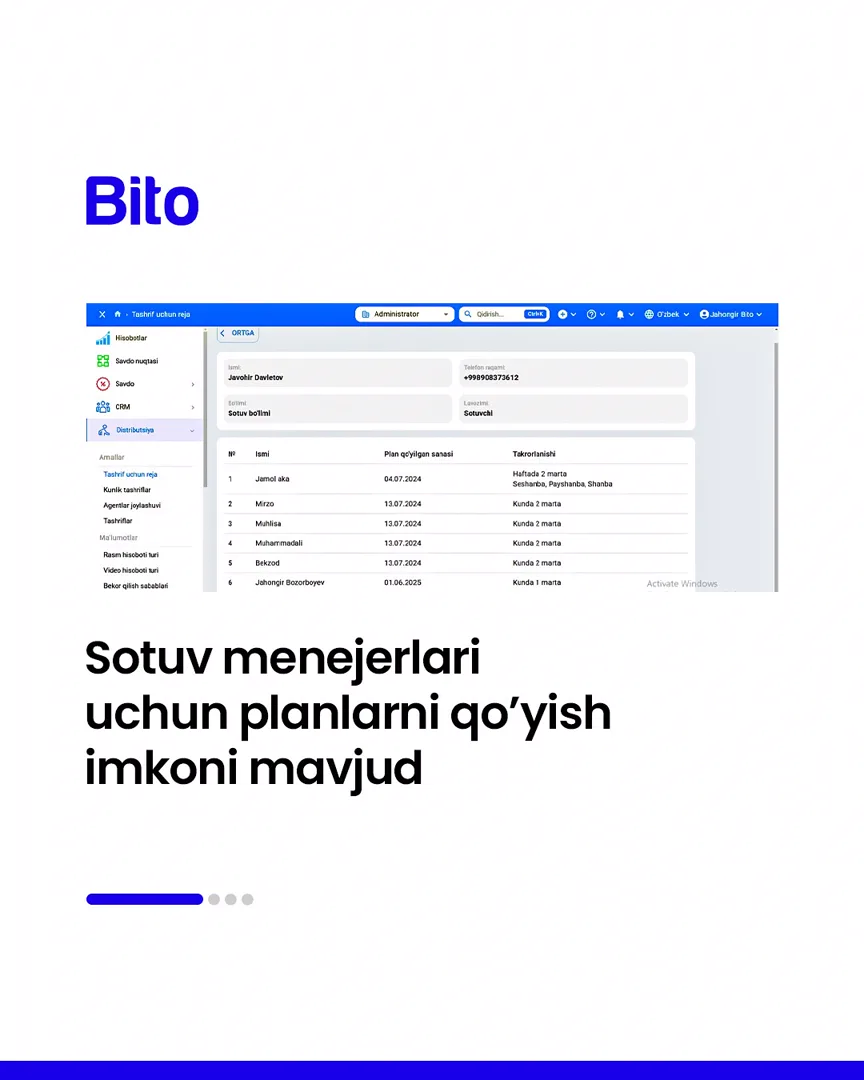 🚚 Distribyutorlar uchun eng munosib dastur.

💻 Barcha jarayonlarni yagona dasturda nazorat qiling.

📈 Bito - Biz bilan biznesingizni… (2/5)