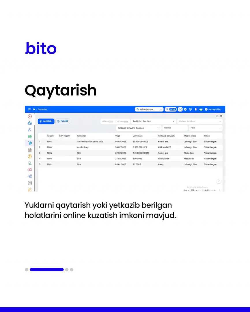 🏭 Ta’minotchilar bilan bo’lgan barcha hisob-kitoblarni online nazorat qiling

📈  Bito - Biz bilan biznesingizni avtomatlashtiring!… (3/5)