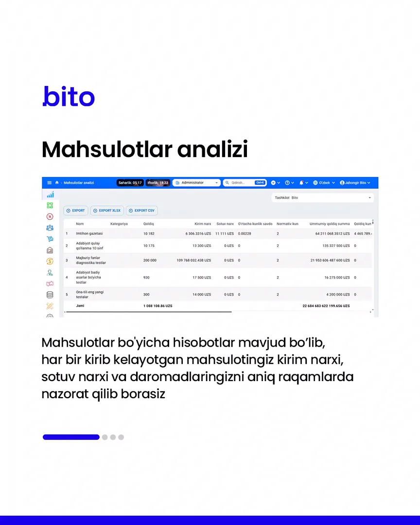 📦 Omboringizni to’liq avtomatlashgan holda nazorat qiling.

💻 Barcha jarayonlarni online kuzatib borasiz.

📈 Bito - Biz bilan… (2/5)