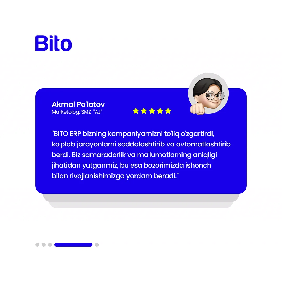 🌟 BITO ERP sistemasiga ishonch bildirgan Kompaniyalar!
📈 Bito - Biz bilan biznesingizni avtomatlashtiring!
Batafsil:
☎️ 78-113-14-04 (5/6)