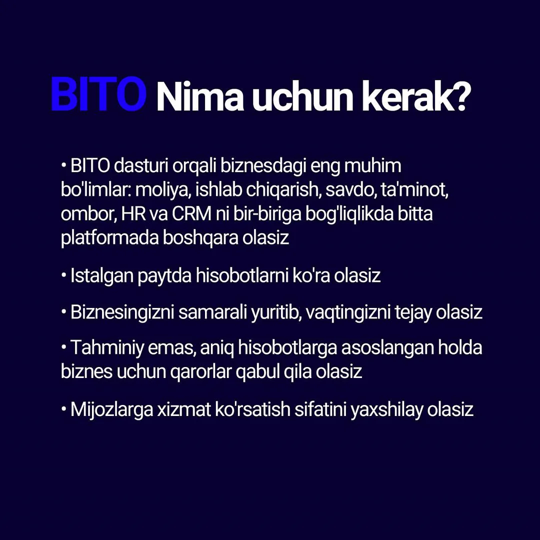 Bito bilan tanishamiz!

Biznesingizni avtomatlashtirish bo’yicha ajralmas yordamchi haqida batafsil tanishib chiqing! 👆🏻

Batafsil… (3/3)
