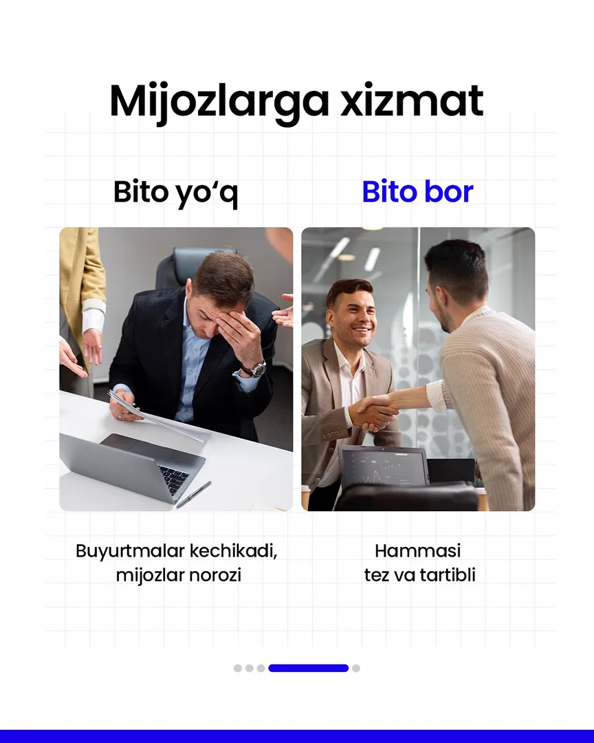 🔥 Bito ERP o’rnatgan va o’rnatmagan tadbirkor farqlarini bilib oling

📈  Bito - Biz bilan biznesingizni avtomatlashtiring!

Batafsil:
☎️… (5/6)