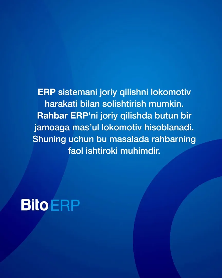 Yordamchimga aytaman, ERP tizimni joriy qilish bilan o'zi shug'ullanadi

Oʻzingizni tanidingizmi?

ERP tizimni joriy qilishda rahbarning,… (2/3)