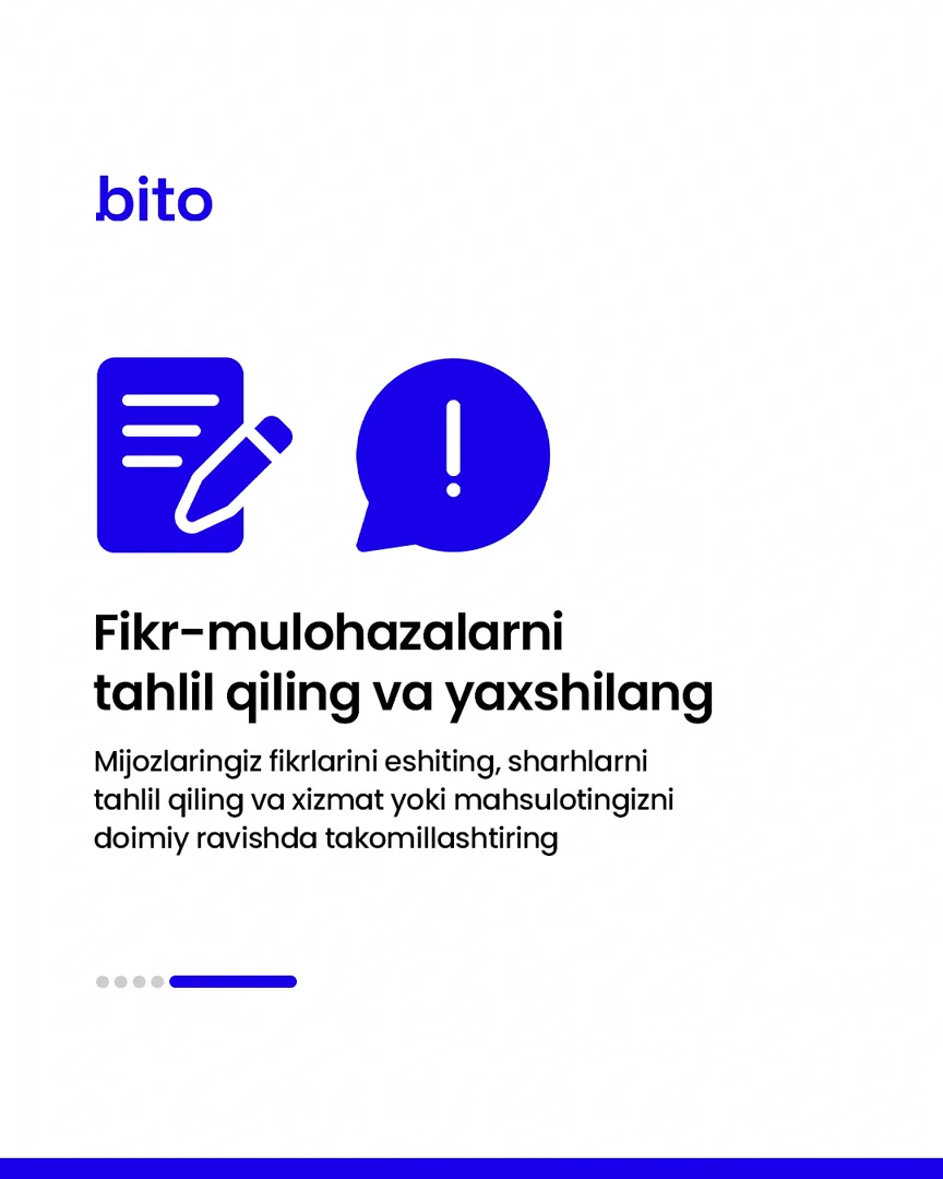 📊 Marketing orqali o’z biznesingizga mijozlarni jalb qiling.
💸 Ma’lumotlardan foydalanib daromadlaringizni oshiring
📈 Bito - Biz bilan… (6/6)
