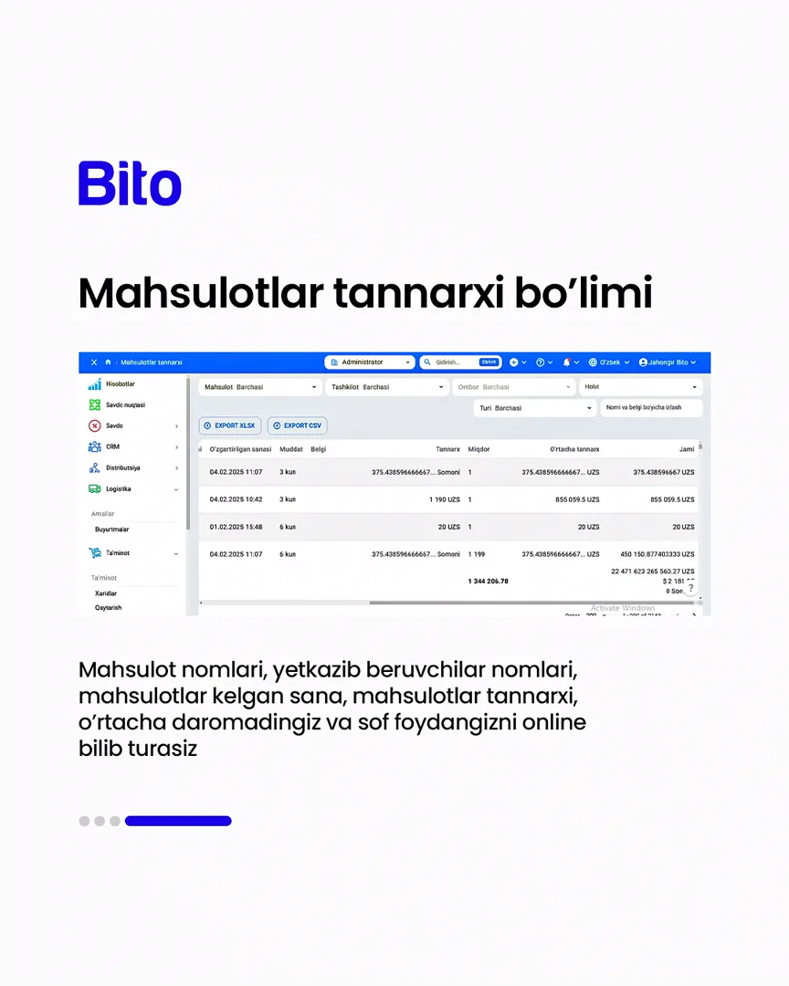 🚚 Ta’minot bo’limingizni to’liq avtomatlashtiring

💻 Xarajatlaringizni online nazorat qiling

📈 Bito - Biz bilan biznesingizni… (5/5)