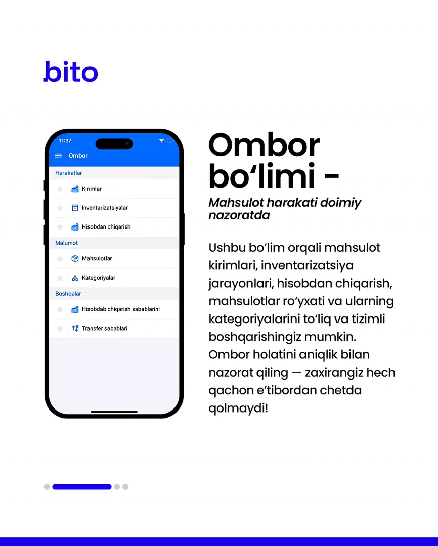 📱 Bito endi doimo yoningizda — mobil versiyada!

📈  Bito - Biz bilan biznesingizni avtomatlashtiring!

Batafsil:
☎️ 78-113-14-04 | Chat… (3/5)