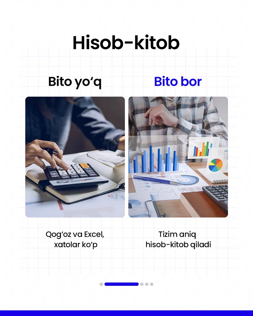 🔥 Bito ERP o’rnatgan va o’rnatmagan tadbirkor farqlarini bilib oling

📈  Bito - Biz bilan biznesingizni avtomatlashtiring!

Batafsil:
☎️… (3/6)