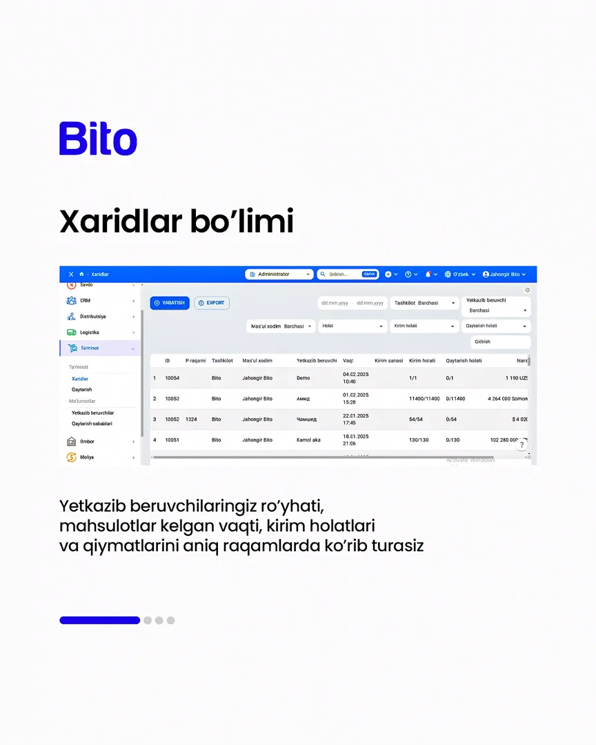🚚 Ta’minot bo’limingizni to’liq avtomatlashtiring

💻 Xarajatlaringizni online nazorat qiling

📈 Bito - Biz bilan biznesingizni… (2/5)