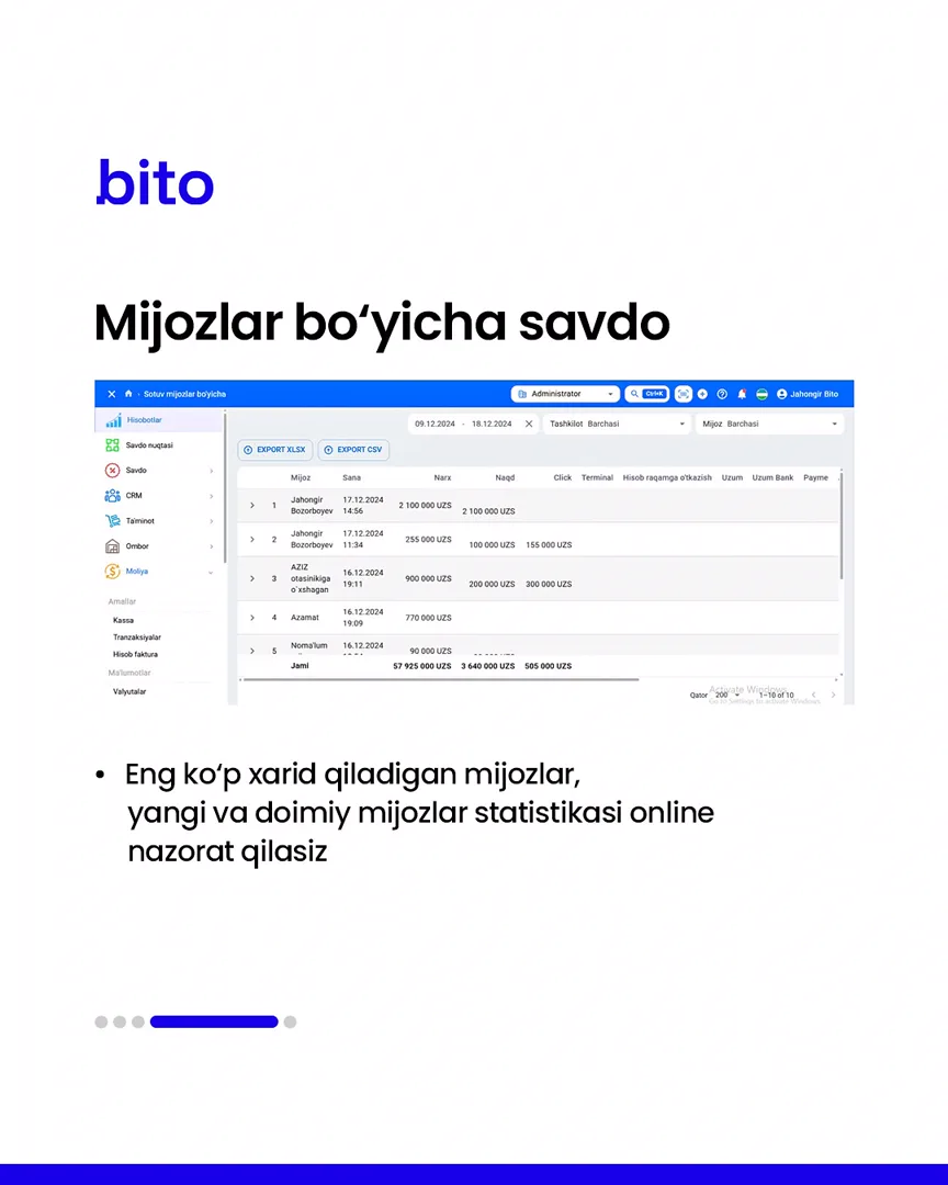 💸 Savdo hisobotlari Bito ERP bilan yanada oson

💻 Barcha hisobotlar aniq raqamlarda

📈  Bito - Biz bilan biznesingizni… (5/6)
