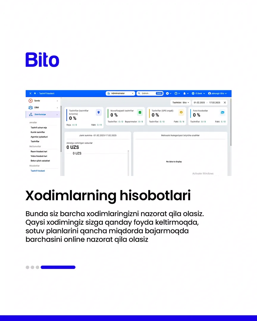 🚚 Distribyutorlar uchun eng munosib dastur.

💻 Barcha jarayonlarni yagona dasturda nazorat qiling.

📈 Bito - Biz bilan biznesingizni… (5/5)