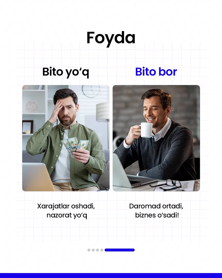 🔥 Bito ERP o’rnatgan va o’rnatmagan tadbirkor farqlarini bilib oling

📈  Bito - Biz bilan biznesingizni avtomatlashtiring!

Batafsil:
☎️… (6/6)