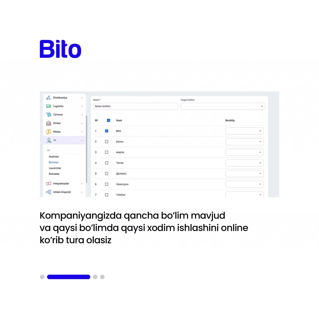 👷♀️ Xodimlar bilan ishlashdagi muammolarga aniq yechim izlayapsizmi?
✅ BITO ERP sistemasida xodimlaringiz ma’lumotlari, savdo plani va… (3/5)