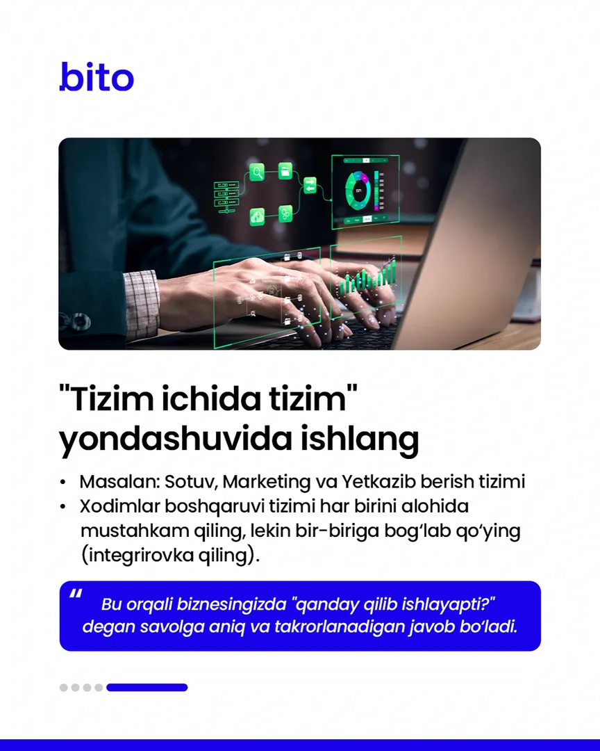 ⭐️ Tartibsiz biznesga chek qo‘ying!
📈 Bito - Biz bilan biznesingizni avtomatlashtiring!
Batafsil:
☎️ 78-113-14-04 | Chat
Instagram |… (6/6)
