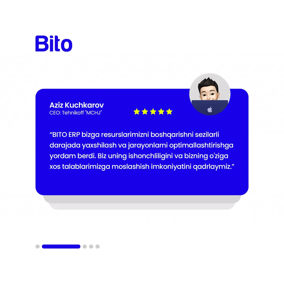 🌟 BITO ERP sistemasiga ishonch bildirgan Kompaniyalar!
📈 Bito - Biz bilan biznesingizni avtomatlashtiring!
Batafsil:
☎️ 78-113-14-04 (3/6)
