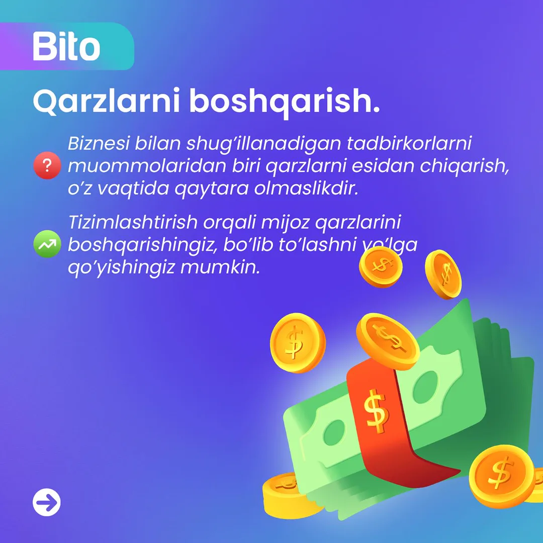 🖥 Sizga kerakli bo'lgan funksiyalar Bito'da bor!
📈 Biznesingizni avtomatlashtirish orqali o’z samaradorligingizni oshiring !
✅ Siz ham… (2/5)