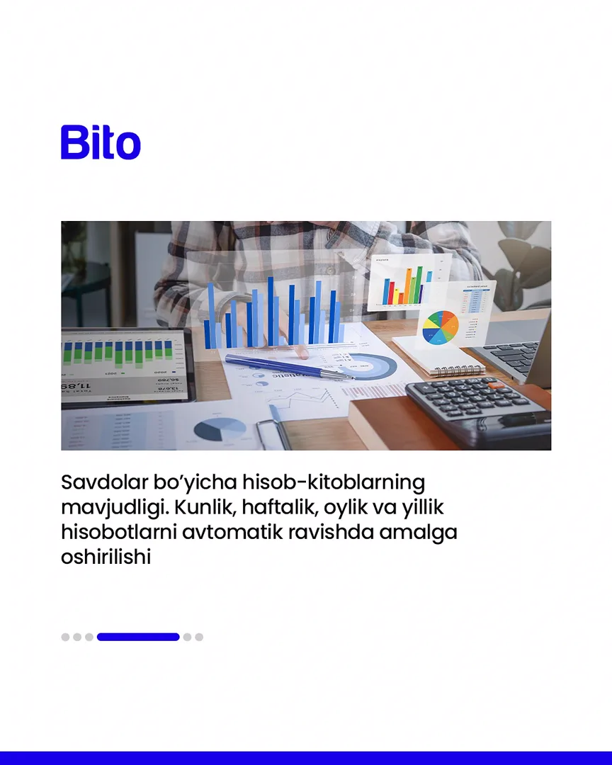 🏭 Ishlab chiqaruvchilar uchun aniq yechimlar.

💻 Barcha jarayonlar bir dasturda mujassam.

📈 Bito - Biz bilan biznesingizni… (5/7)