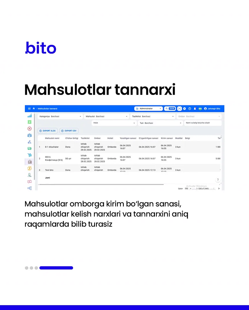 🏭 Ta’minotchilar bilan bo’lgan barcha hisob-kitoblarni online nazorat qiling

📈  Bito - Biz bilan biznesingizni avtomatlashtiring!… (5/5)
