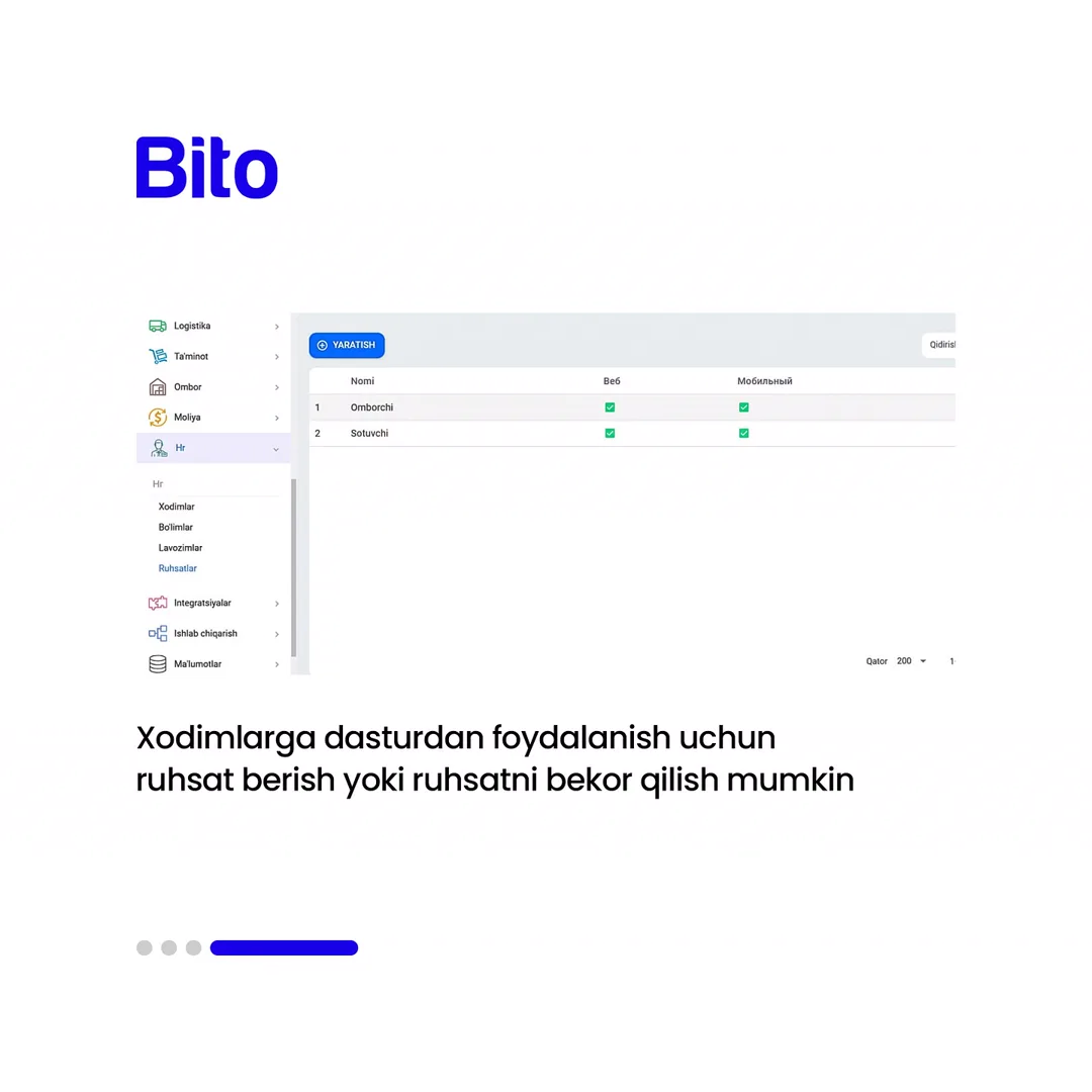 👷♀️ Xodimlar bilan ishlashdagi muammolarga aniq yechim izlayapsizmi?
✅ BITO ERP sistemasida xodimlaringiz ma’lumotlari, savdo plani va… (5/5)
