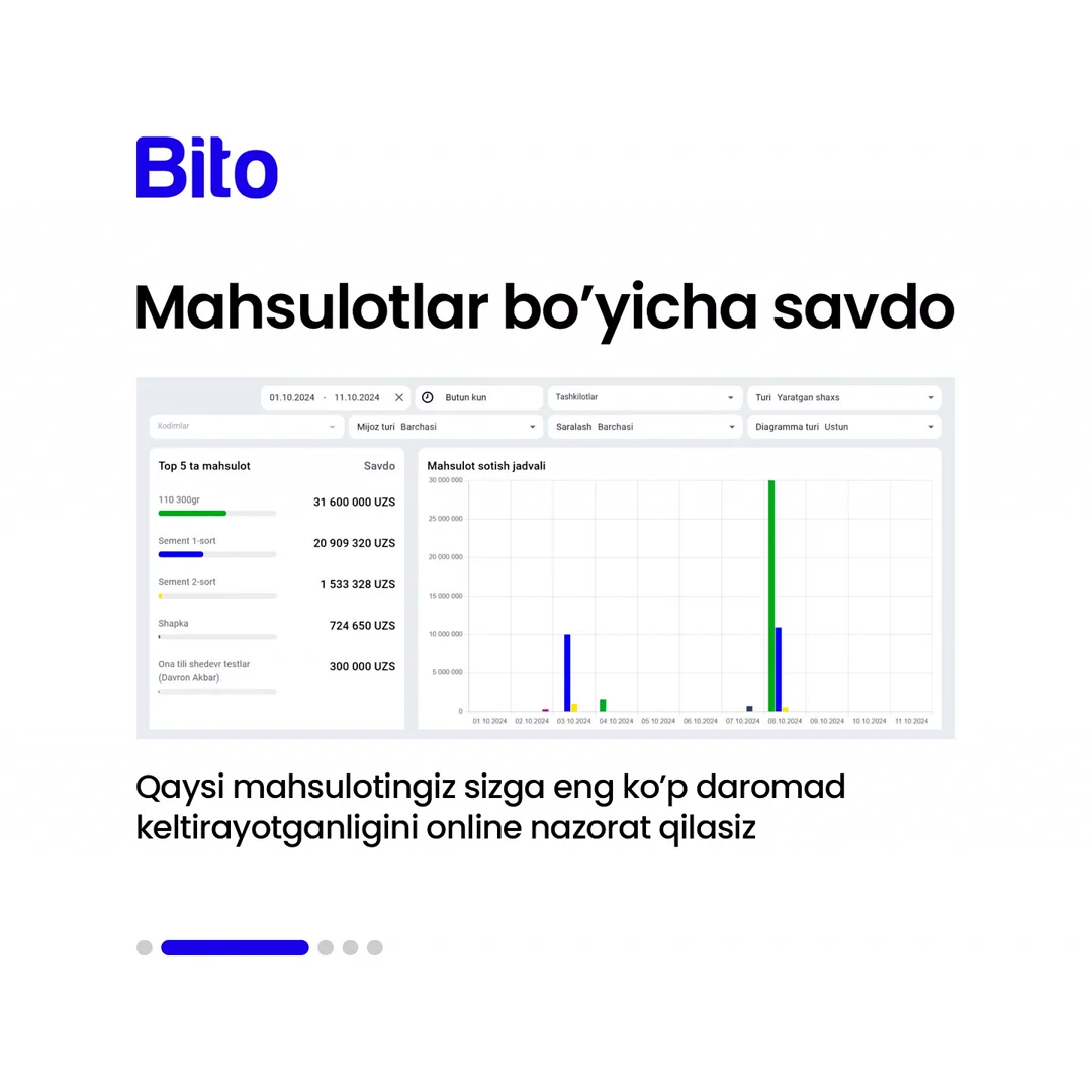 🧮 Sotuv bo’limingizni to’liq nazorat qilishni xohlaysizmi?
💵 BITO ERP sistemasi bilan pul oqimlarini to’liq ko’rib turishngiz mumkin.… (3/6)