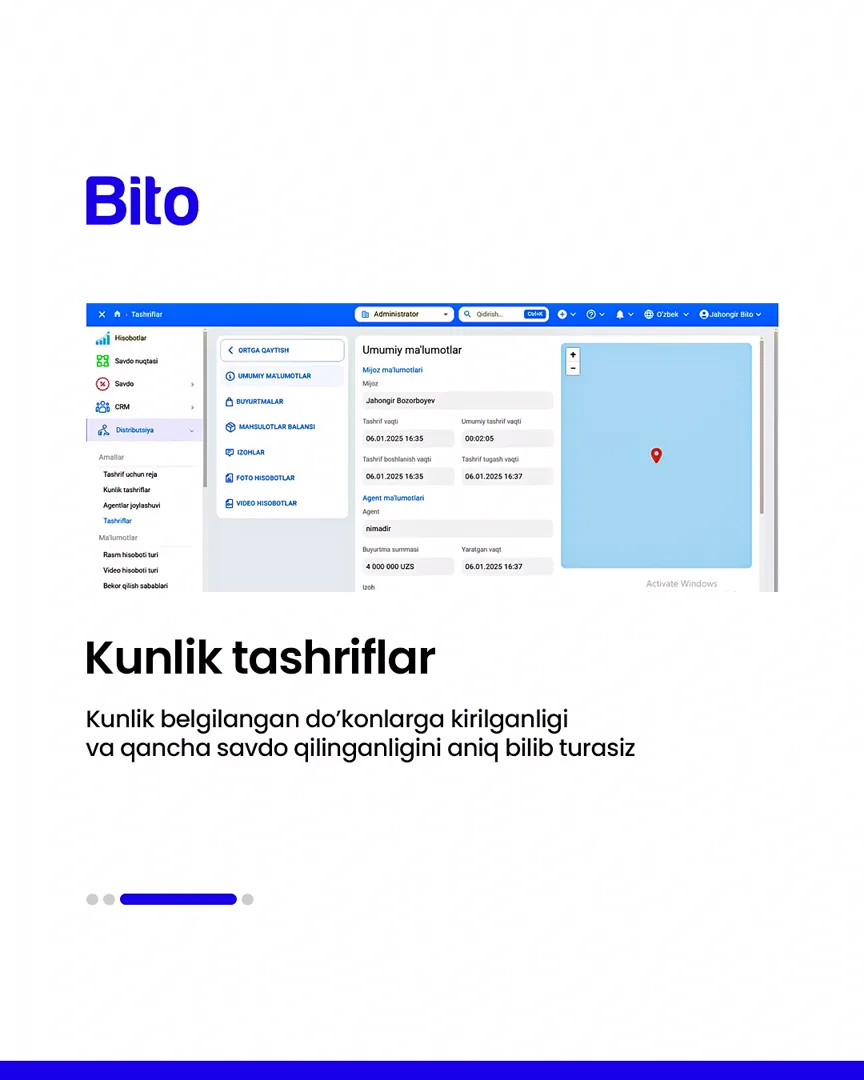 🚚 Distribyutorlar uchun eng munosib dastur.

💻 Barcha jarayonlarni yagona dasturda nazorat qiling.

📈 Bito - Biz bilan biznesingizni… (4/5)