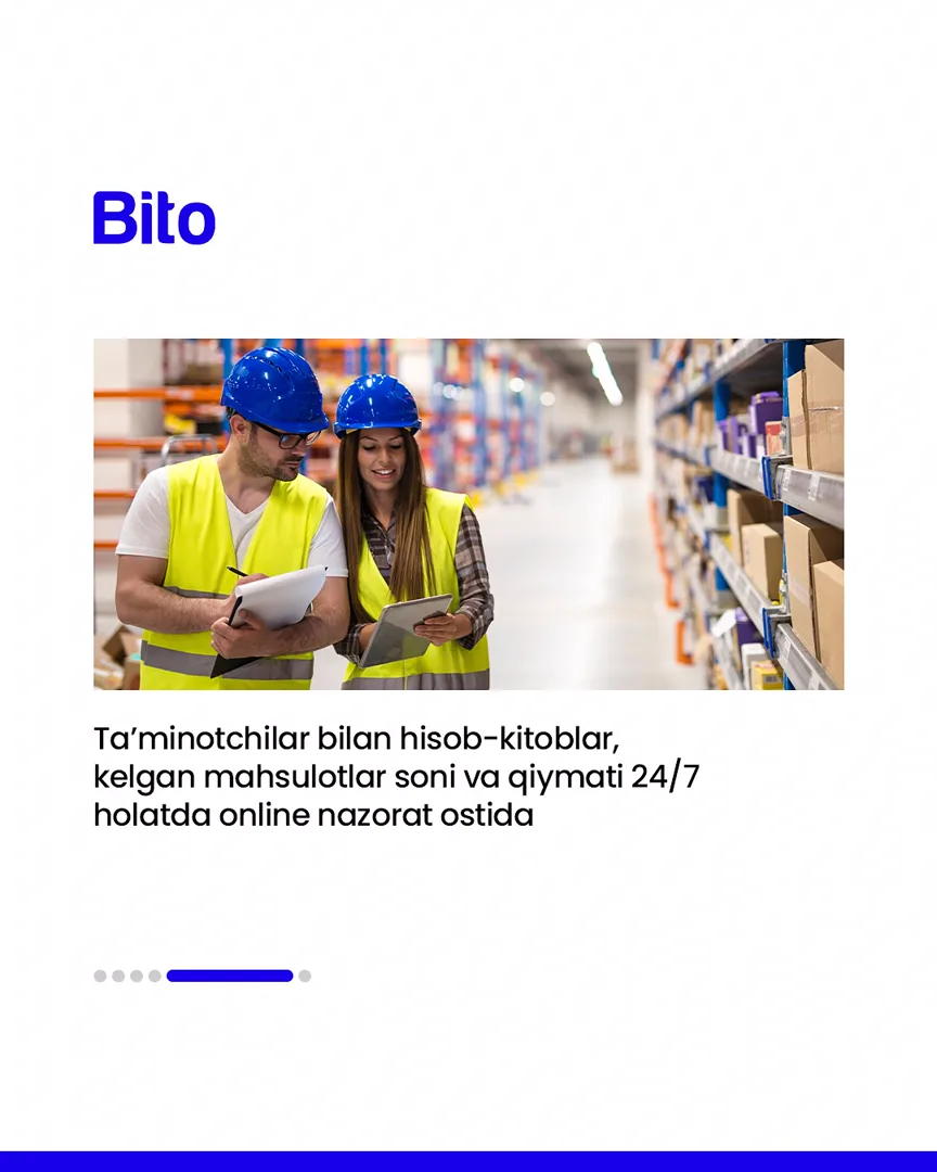 🏭 Ishlab chiqaruvchilar uchun aniq yechimlar.

💻 Barcha jarayonlar bir dasturda mujassam.

📈 Bito - Biz bilan biznesingizni… (6/7)