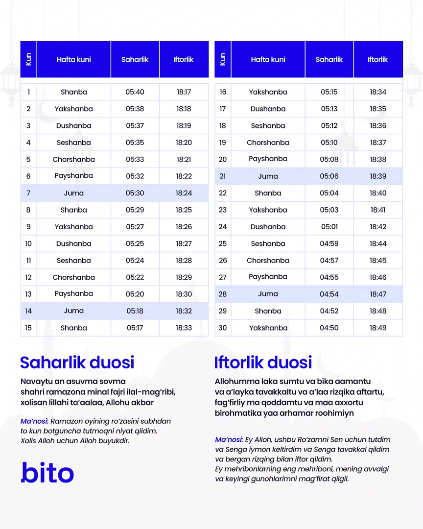 📆 Ramazon taqvimi – kun tartibingizga baraka olib kiradi!

🌙  Muborak Ramazon oyi – sabr, ixlos va ezgulik vaqti! Bu oyda har bir daqiqa,… (2/2)