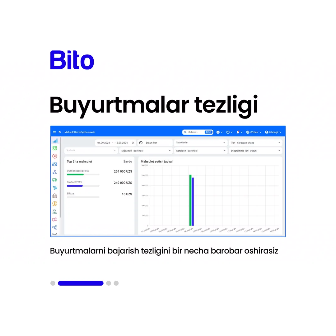 📈 BITO qanday ERP sistema?

⚙️ BITO o’rnatsangiz nimalarga ega bo’lasiz?

✍️ Bugungi postimiz orqali barchasiga javob olasiz

Batafsil:
☎️… (3/5)