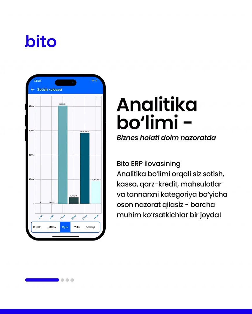 📱 Bito endi doimo yoningizda — mobil versiyada!

📈  Bito - Biz bilan biznesingizni avtomatlashtiring!

Batafsil:
☎️ 78-113-14-04 | Chat… (2/5)