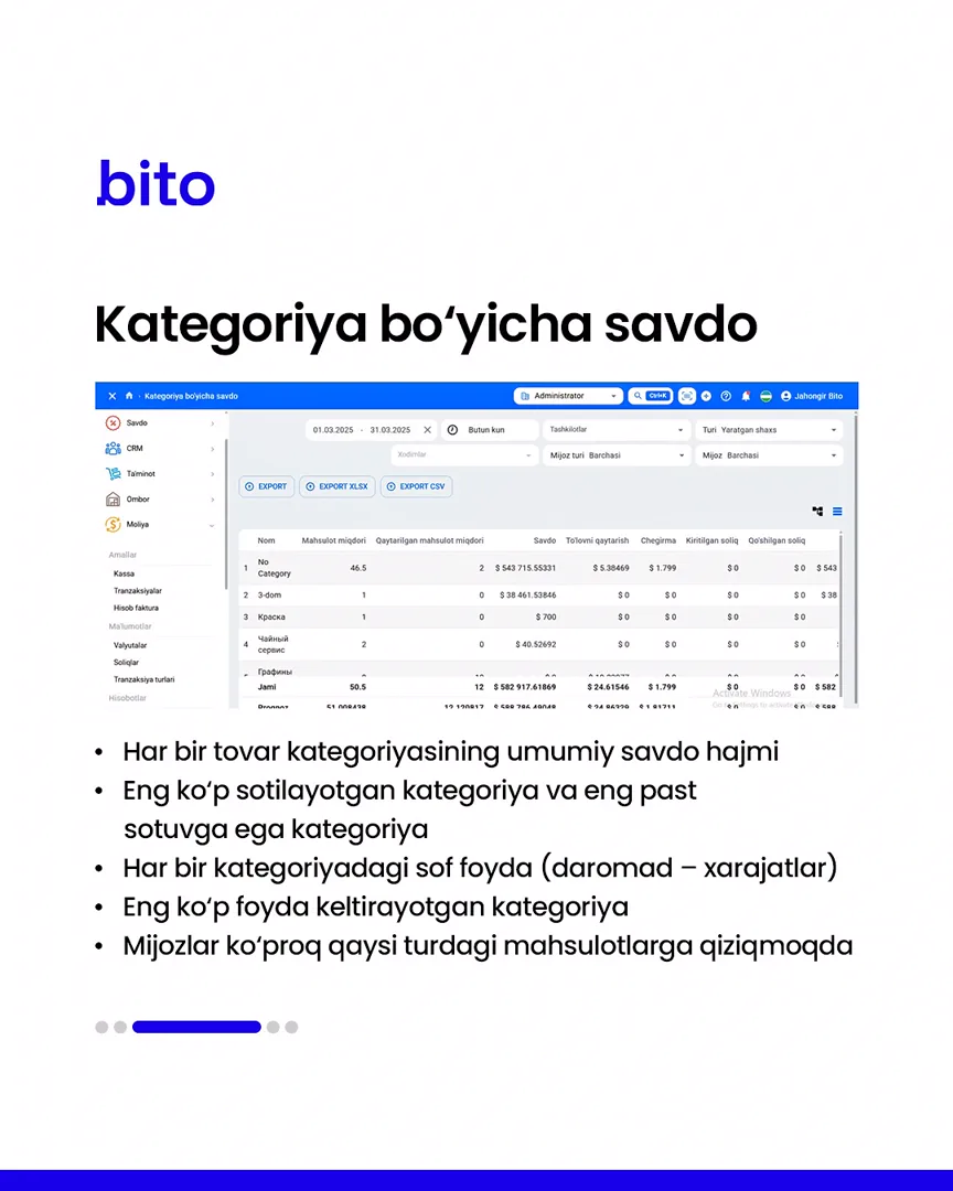 💸 Savdo hisobotlari Bito ERP bilan yanada oson

💻 Barcha hisobotlar aniq raqamlarda

📈  Bito - Biz bilan biznesingizni… (4/6)
