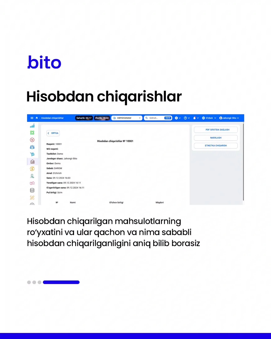 📦 Omboringizni to’liq avtomatlashgan holda nazorat qiling.

💻 Barcha jarayonlarni online kuzatib borasiz.

📈 Bito - Biz bilan… (5/5)