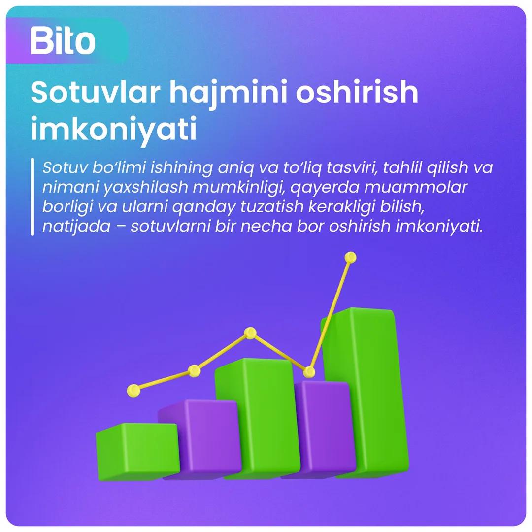 📊 Sotuvlar hajmini oshirish imkoniyati

💸 Sotuv bo‘limi ishining aniq va to‘liq tasviri, tahlil qilish va nimani yaxshilash mumkinligi,…