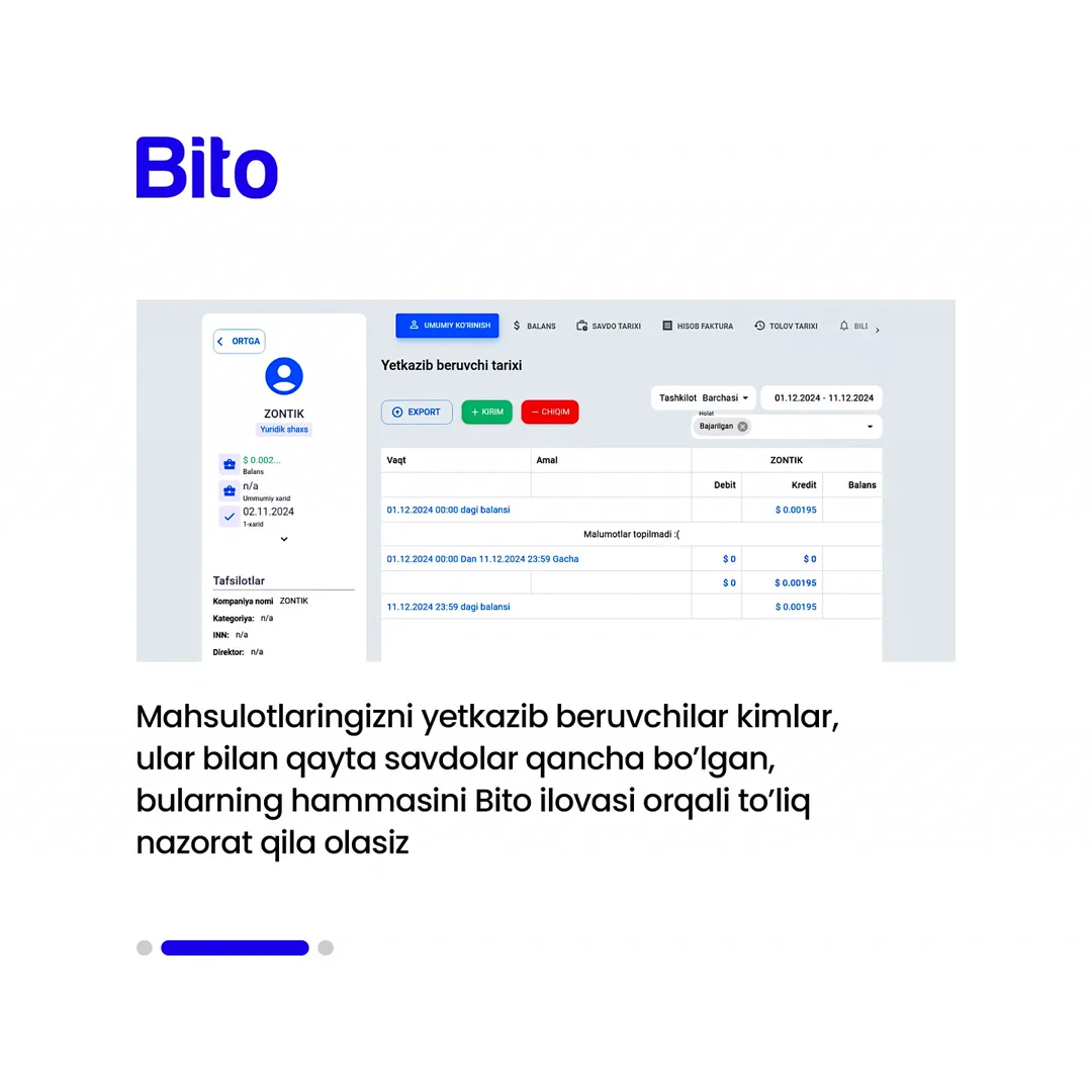 👨‍💻 Ta’minotchilaringiz bilan hisob-kitoblaringizni aniq raqamlarda nazorat qilishni xohlaysizmi?

🚚  Mahsulotlaringiz qachon yetkazib… (3/4)