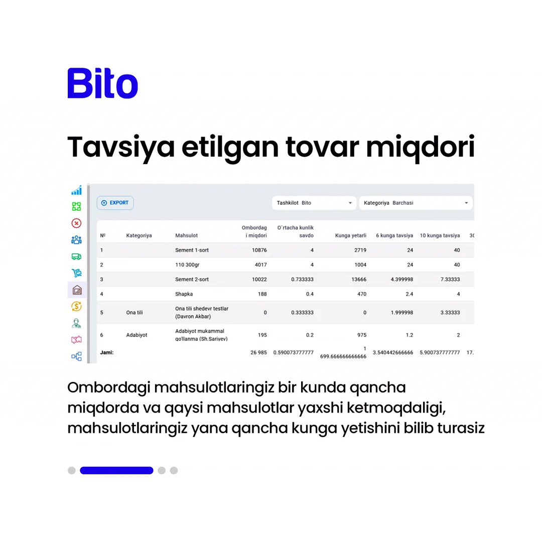 📦 Omborda pullaringiz muzlab qolishini oldini olamiz

✅  BITO ERP sistemasini o’rnatib omborda qaysi mahsulotlaringiz pullaringizni… (3/5)