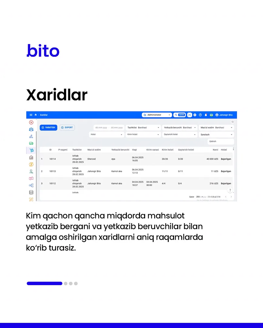 🏭 Ta’minotchilar bilan bo’lgan barcha hisob-kitoblarni online nazorat qiling

📈  Bito - Biz bilan biznesingizni avtomatlashtiring!… (2/5)