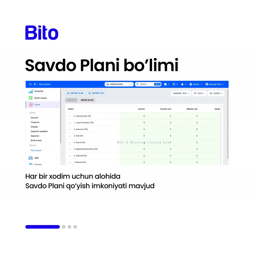 💰 Sotuv bo’limingizni to’liq nazorat qiling!

⭐️ Savdo planlari, chegirmalar, mahsulotlarni qaytarish sabablari barchasini online nazorat… (2/5)