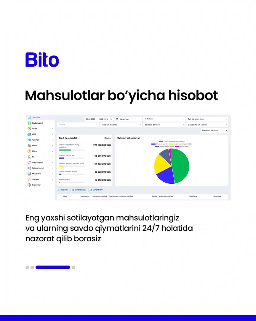💻 Barcha hisobotlarni yagona dastur orqali aniq raqamlarda nazorat qiling

📈 Bito - Biz bilan biznesingizni avtomatlashtiring!

Batafsil:… (4/5)