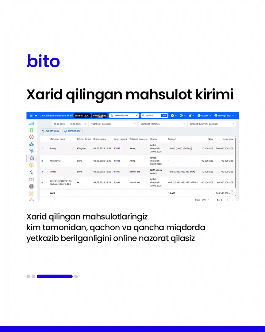 📦 Omboringizni to’liq avtomatlashgan holda nazorat qiling.

💻 Barcha jarayonlarni online kuzatib borasiz.

📈 Bito - Biz bilan… (4/5)