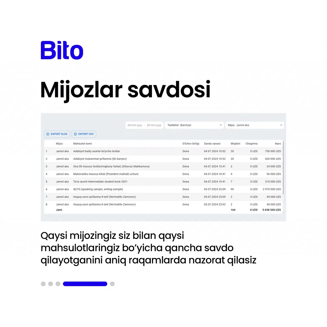 🧮 Sotuv bo’limingizni to’liq nazorat qilishni xohlaysizmi?
💵 BITO ERP sistemasi bilan pul oqimlarini to’liq ko’rib turishngiz mumkin.… (5/6)