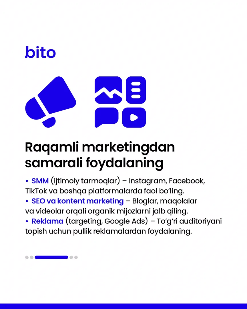 📊 Marketing orqali o’z biznesingizga mijozlarni jalb qiling.
💸 Ma’lumotlardan foydalanib daromadlaringizni oshiring
📈 Bito - Biz bilan… (4/6)