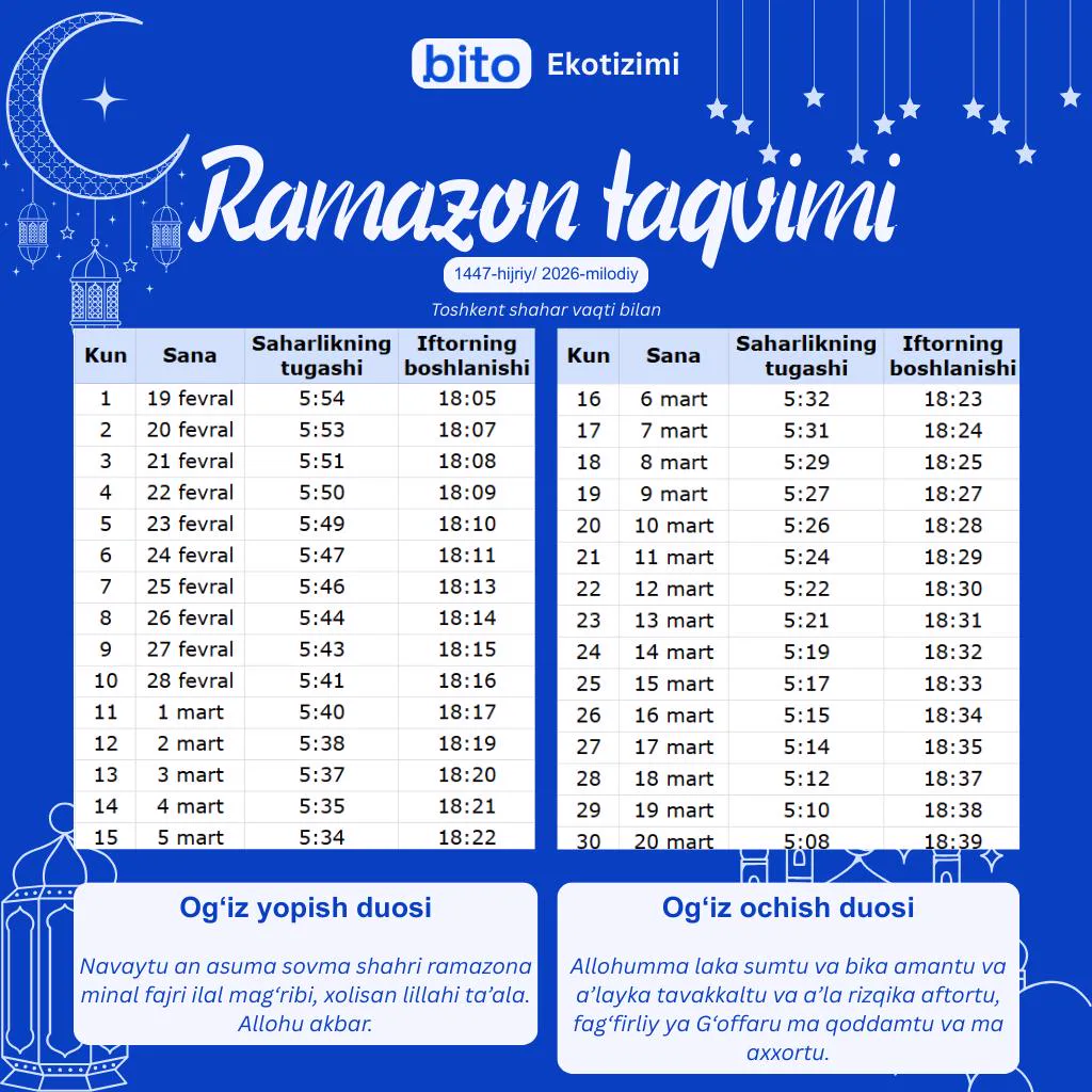 🌙 Ramazon oyi muborak bo‘lsin!

Barchangizni kirib kelayotgan muborak Ramazon oyi bilan chin dildan tabriklaymiz. Ushbu oy xonadoningizga…
