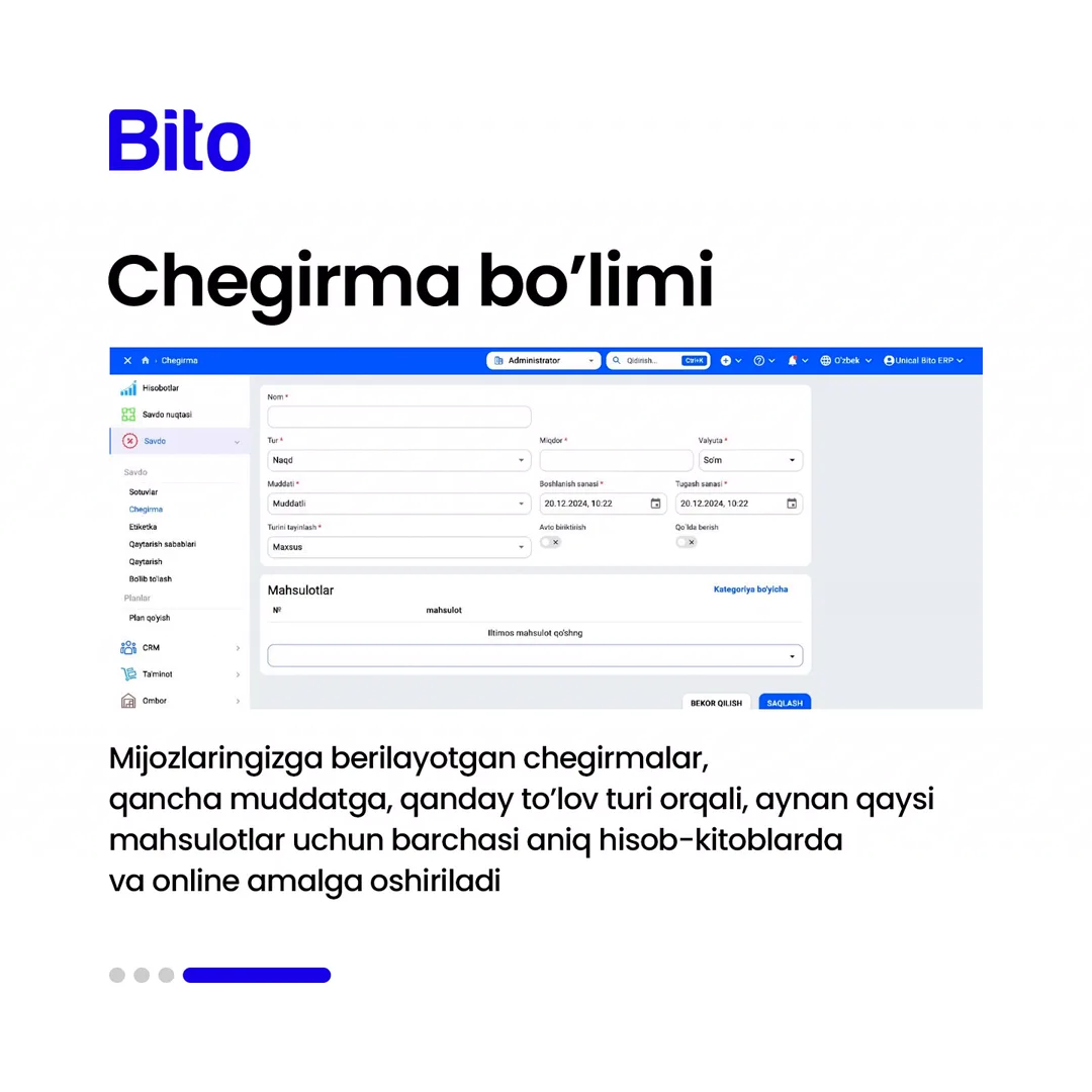 💰 Sotuv bo’limingizni to’liq nazorat qiling!

⭐️ Savdo planlari, chegirmalar, mahsulotlarni qaytarish sabablari barchasini online nazorat… (5/5)