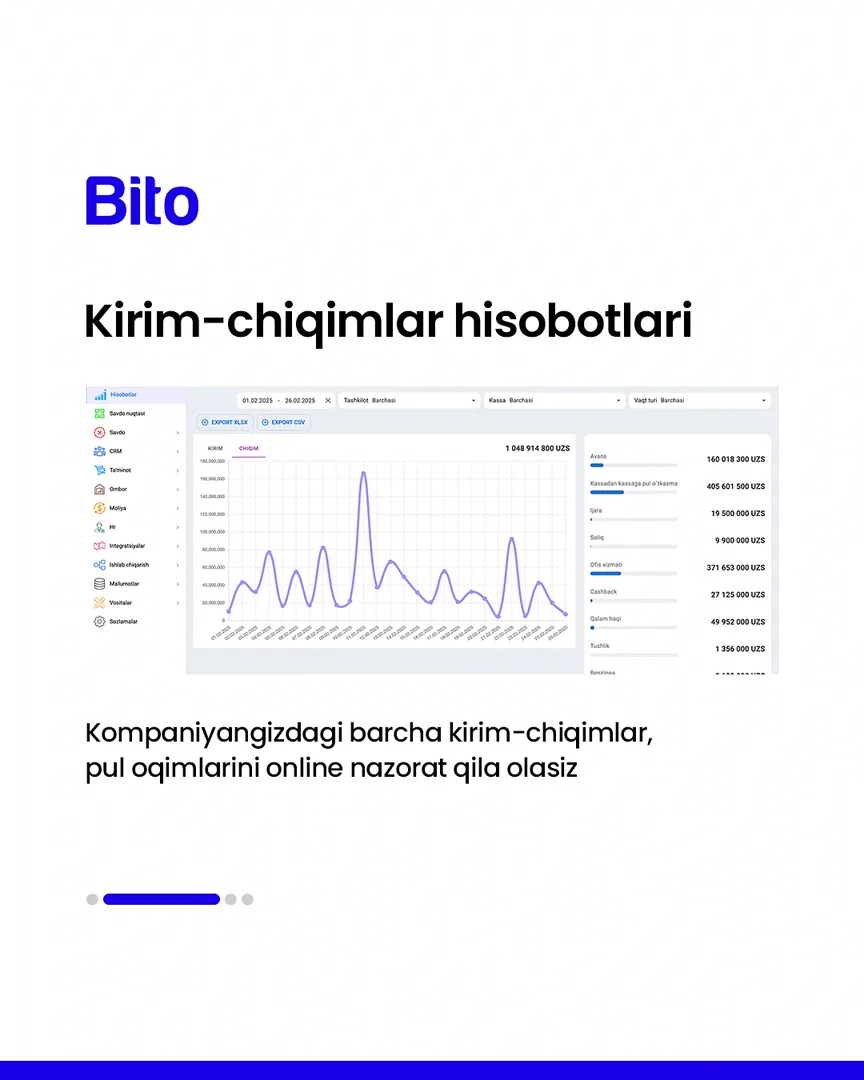 💻 Barcha hisobotlarni yagona dastur orqali aniq raqamlarda nazorat qiling

📈 Bito - Biz bilan biznesingizni avtomatlashtiring!

Batafsil:… (3/5)